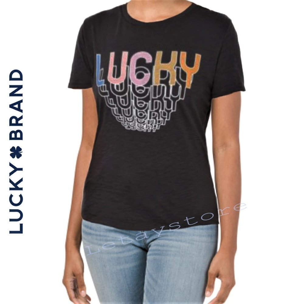 NWT Lucky Brand Cascading Lucky Graphic Print Soft Cotton T-Shirt Top